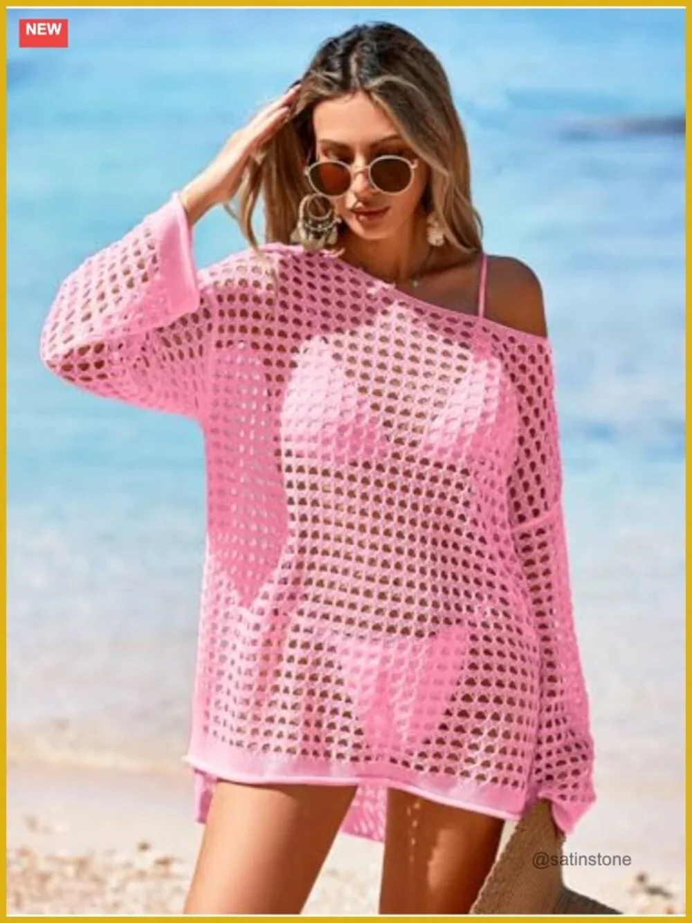 Crochet Mesh Swimsuit Cover Up Oversized Long Sleeve Mini Dress Beach Bathing
